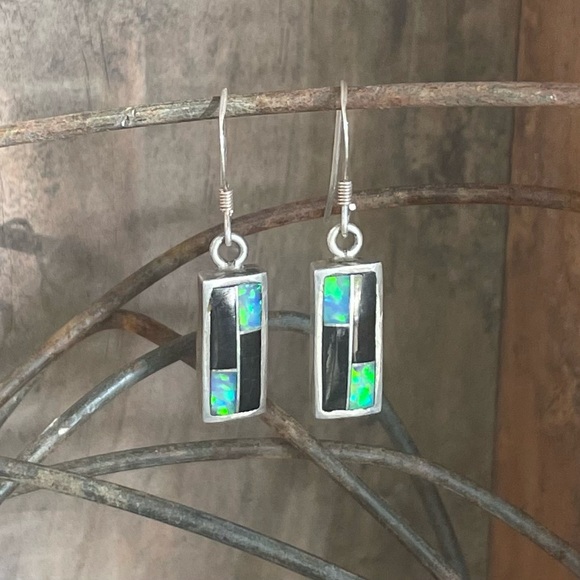 Dainty Dangle Earrings Fire Opal Onyx Sterling Silver Handmade - Picture 13 of 13